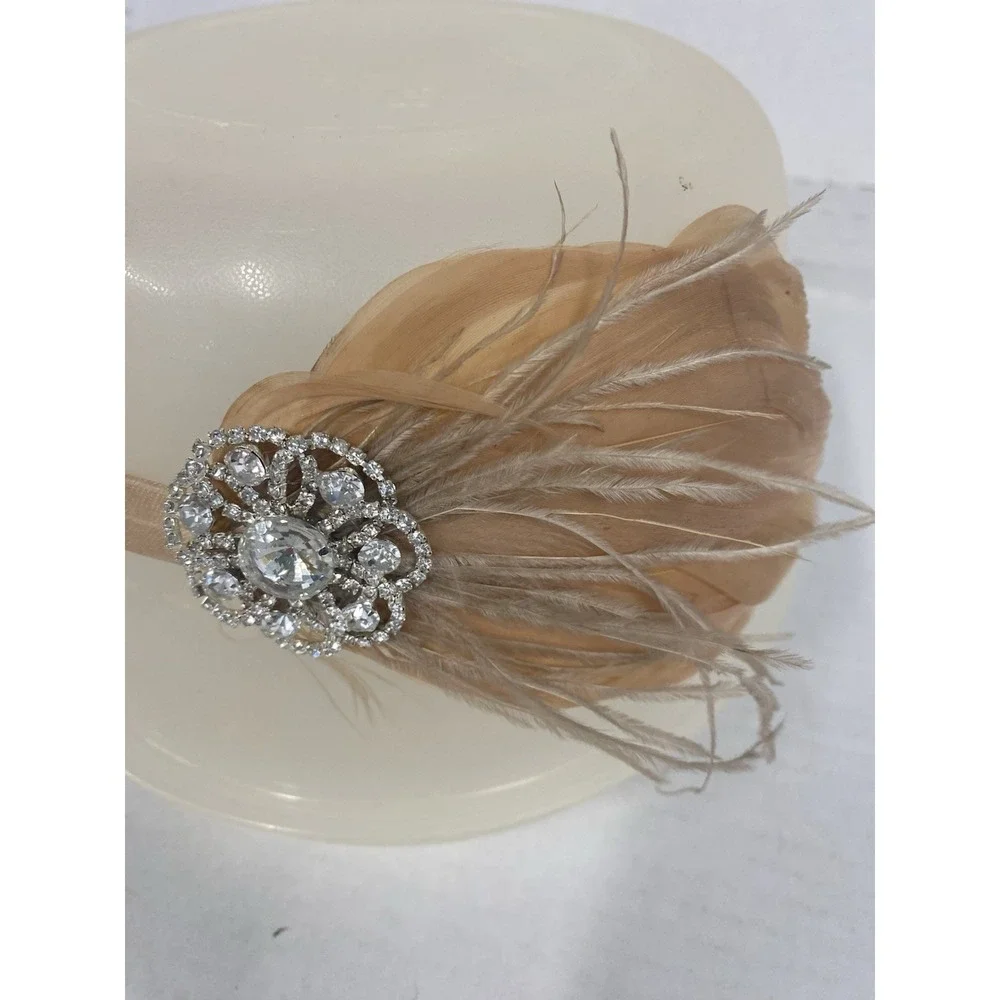 1920s womens head band piece elastic PEACH RHINESTONES costume feathers